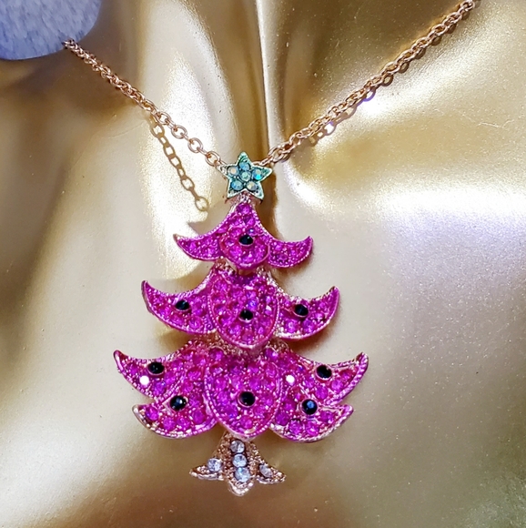 Gold-plated pink and green crystal Christmas tree necklace/broach - Picture 4 of 11